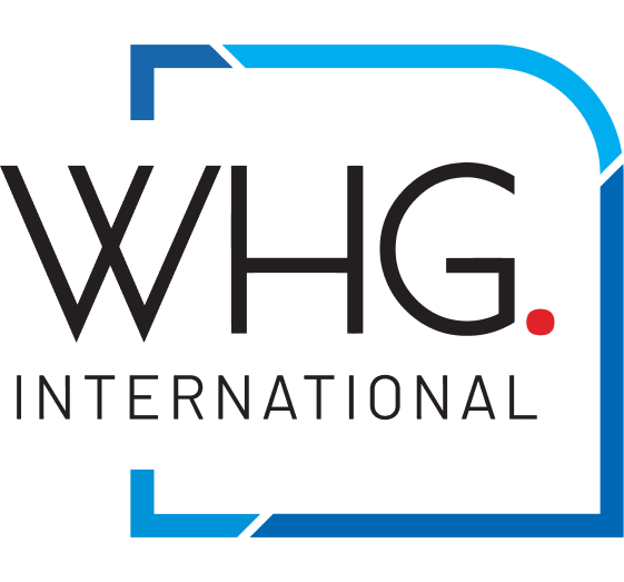 WHG International black logo with blue frame and red dot, symbolizing a modern digital identity and innovative global vision