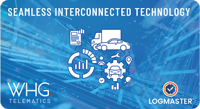 WHG and Logmaster logo showcasing seamless interconnected telematics technology for smart vehicle and data integration